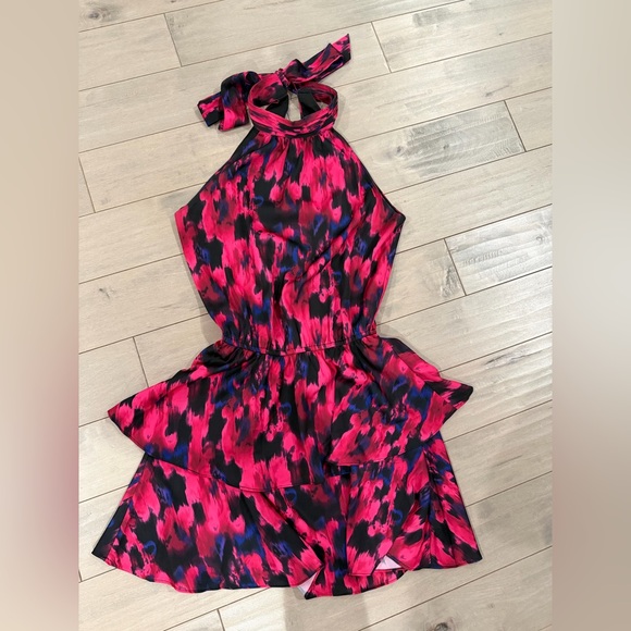 NWOT: Socialite Tiered Halter Satin Vibrant Pink and Black Mini Dress - Picture 2 of 5
